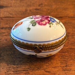 Limoges France Floral Porcelain Hinged Egg Shaped Trinket Box
